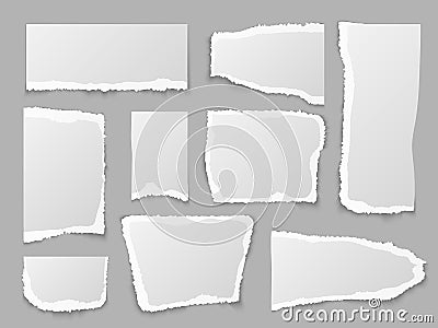 Torn paper. Ripped papers pieces, grainy scrap page. Blank message edges. Crumpled note, memo labels vector set Vector Illustration