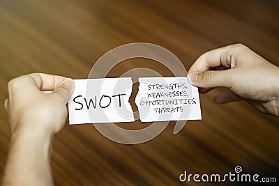 Torn paper with text SWOT Strengths, Weaknesses, Opportunities, Threats in male hands on wood background Stock Photo