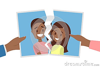 Torn photo of couple. Idea of divorce and break up Vector Illustration