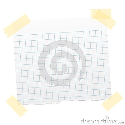 Torn piece of quad-ruled paper with sticky tape at corners Vector Illustration