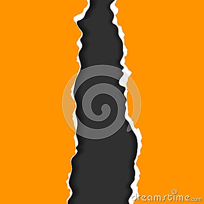 Torn, realistic, ripped strip of orange paper with a light shadow on a dark gray background. Torn cardboard. Vector Illustration