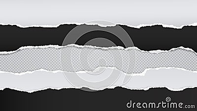 Torn, ripped black and white paper strips with soft shadow are on grey background for text. Vector Illustration