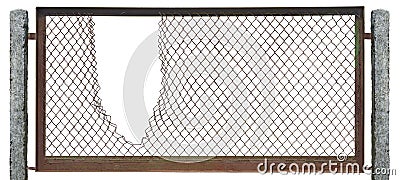 Torn rusty chain link fence texture background, horizontal isolated broken old aged weathered rusted iron frame Stock Photo