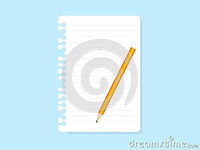 Torn sheet from notebook and pencil. Blank white stripe page with with a yellow sharpened writing and drawing tool for Stock Photo