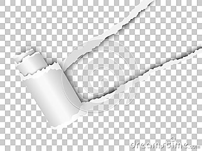 Torn, snatched window placed diagonally in sheet of checkered transparent paper with paper curl. White background of the resulting Vector Illustration
