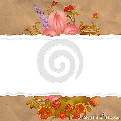 Torn vintage paper with vintage flowers. Vector Illustration