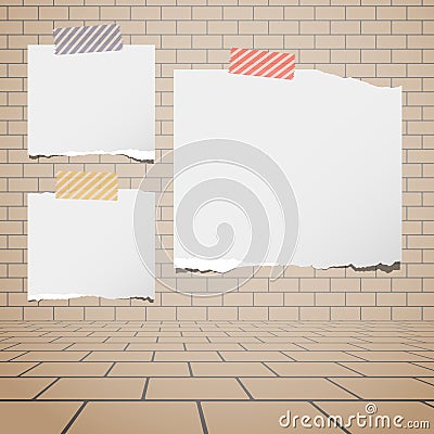 Torn white blank paper sheets stuck on brown brick wall Vector Illustration