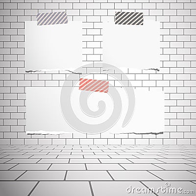 Torn white blank paper sheets stuck on gray brick wall Vector Illustration