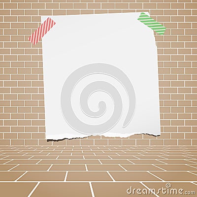 Torn white blank paper stuck on brown brick wall Vector Illustration