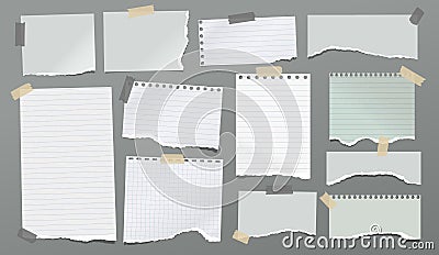 Torn of white and green notebook paper pieces stuck with sticky tape on dark grey background for text, advertising or Vector Illustration