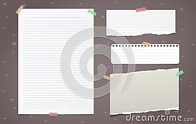 Torn white lined note paper pieces, notebook sheet for text stuck on brown background. Vector illustration. Vector Illustration