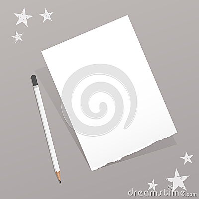 Torn white note, notebook, copybook paper sheet with pencil and stars on gray background. Vector Illustration