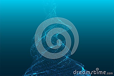 Tornado, abstract digital swirl. Futuristic particle wave. Rotating swirling shapes particles. Big data visualization. 3d Vector Illustration