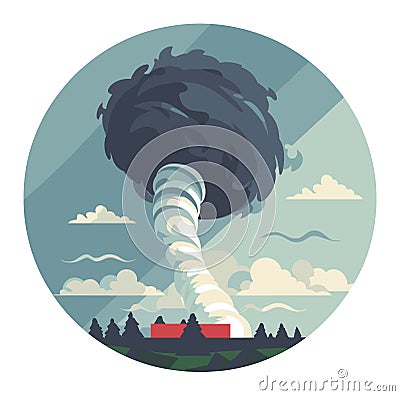 Tornado approaching a farm with dark clouds. Natural disaster and extreme weather concept. Danger and emergency Vector Illustration