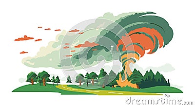 Tornado approaching over green landscape, trees swaying in the wind, threatening weather. Disaster nature scene with Vector Illustration
