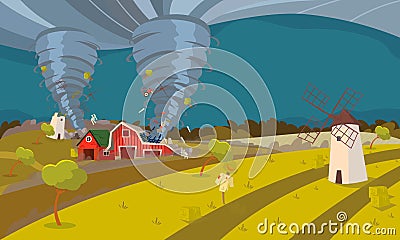 Tornado Destroying Farm Hurricane Landscape Vector Illustration