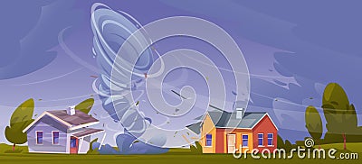 Tornado destroys houses. Natural catastrophe. Strong disaster. Destructive swirling wind. Force majeure circumstances Vector Illustration