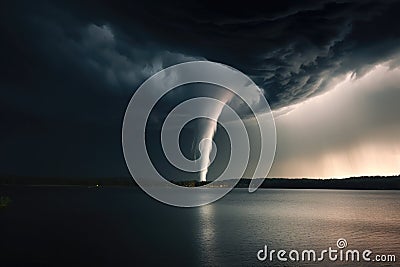 tornado forming a dark funnel cloud over a lake Stock Photo