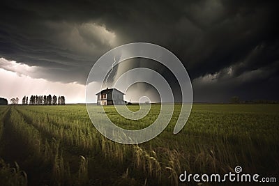 tornado forming over open field with dark clouds Stock Photo