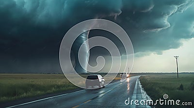A Tornado forms on the horizon in a field next to a highway. Generative AI Stock Photo