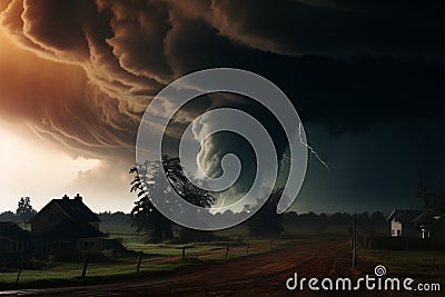 Tornado havoc, dark cloud looms, village swept, destruction unfolds Stock Photo