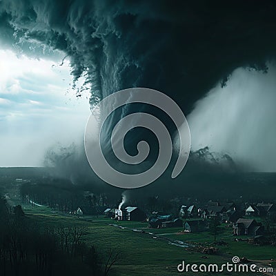 Tornado havoc, dark cloud looms, village swept, destruction unfolds Stock Photo