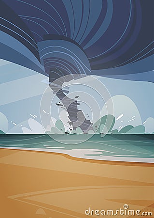 Tornado Incoming From Sea Hurricane In Ocean Beach Landscape Of Storm Twister Vector Illustration