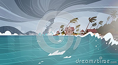 Tornado Incoming From Sea Hurricane In Ocean Huge Waves On Houses On Coast Tropical Natural Disaster Concept Vector Illustration