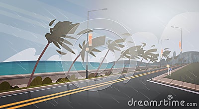 Tornado Incoming From Sea Hurricane In Ocean Huge Wind Over Palm Trees And Road Tropical Natural Disaster Concept Vector Illustration