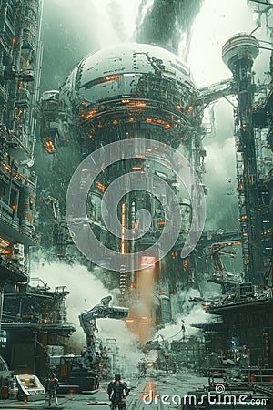 Tornado Lab Chaos, A futuristic laboratory is torn apart by a tornado, with robotic arms working frantically to stabilize Stock Photo