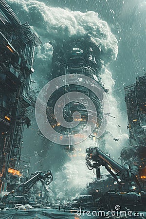 Tornado Lab Chaos, A futuristic laboratory is torn apart by a tornado, with robotic arms working frantically to stabilize Stock Photo