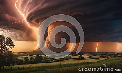 Tornado and lightning. AI generated. Stock Photo
