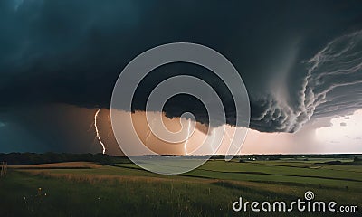 Tornado and lightning. AI generated. Stock Photo