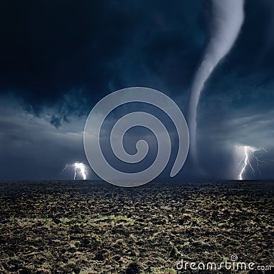 Tornado, lightning, farmland Stock Photo