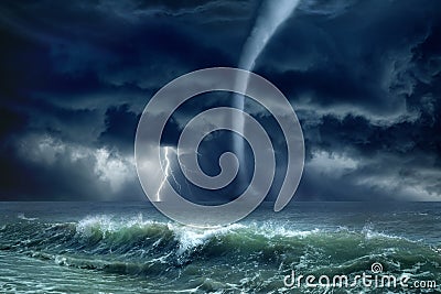 Tornado, lightning, sea Stock Photo