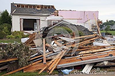 Tornado Storm Damage House Home Destroyed by Wind Stock Photo