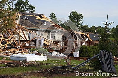 Tornado Storm Damage House Home Destroyed by Wind Stock Photo