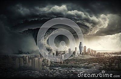 Tornado storm hits city, hurricane twister destroying buildings, generative AI Stock Photo