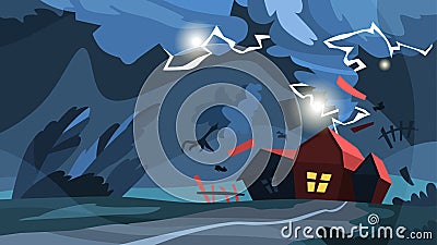 Tornado storm. Hurricane above the house, natural Vector Illustration