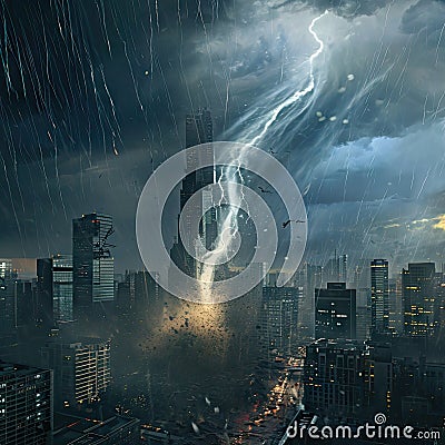 Tornado and storm warning with lightning in a city skyscrapers Stock Photo