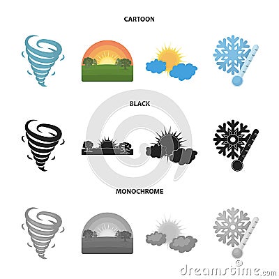 Tornado, sunrise, cloudiness, snow and frost. The weather set collection icons in cartoon,black,monochrome style vector Vector Illustration