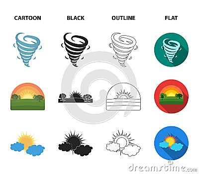 Tornado, sunrise, cloudiness, snow and frost. The weather set collection icons in cartoon,black,outline,flat style Vector Illustration