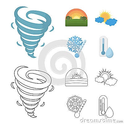Tornado, sunrise, cloudiness, snow and frost. The weather set collection icons in cartoon,outline style vector symbol Vector Illustration