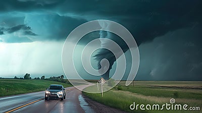 A tornado twister in a field next to a highway causing widespread damage. Generative AI Stock Photo