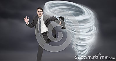 Tornado twister painted and dark sky with businessman running Stock Photo