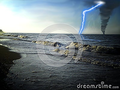 Tornado on the water, lightning. Stock Photo