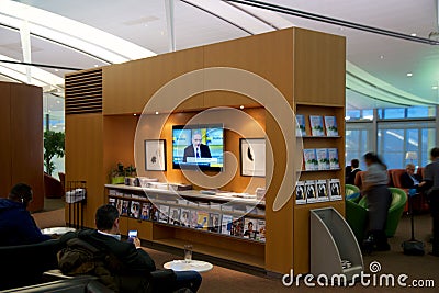 TORONTO, CANADA - JAN 28th, 2017: Air Canada Maple Leaf Lounge at YYZ airport International, seating area with colored Editorial Stock Photo