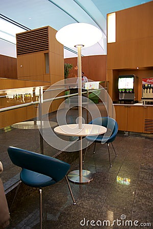 TORONTO, CANADA - JAN 28th, 2017: Air Canada Maple Leaf Lounge at YYZ airport International, seating area with colored Editorial Stock Photo