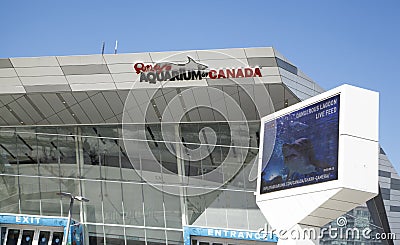 TORONTO, CANADA - MAY 3, 2020: Ripley`s Aquarium at home. Dangerous Lagoon live feed sign at the top of the entrance. Editorial Stock Photo