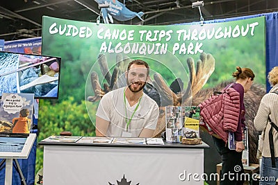 TORONTO, ONTARIO, CANADA - FEBRUARY 22, 2020: PEOPLE ATTEND THE OUTDOOR ADVENTURE AND TRAVEL SHOW AT THE INTERNATIONAL CENTRE. Editorial Stock Photo